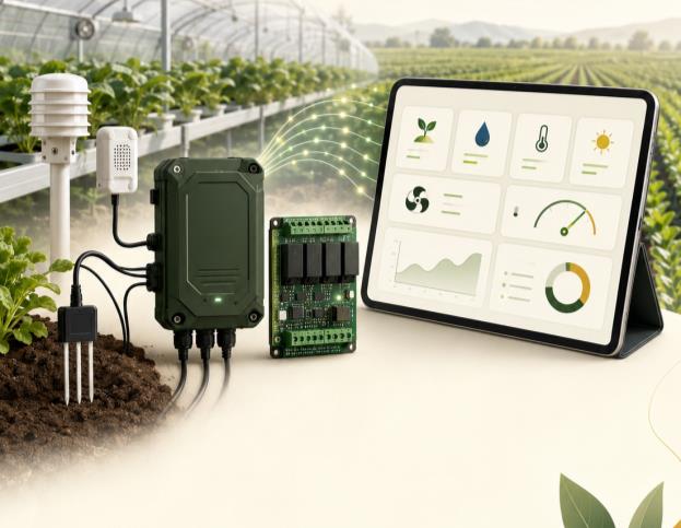 Tablet showing an agricultural dashboard beside field monitoring hardware